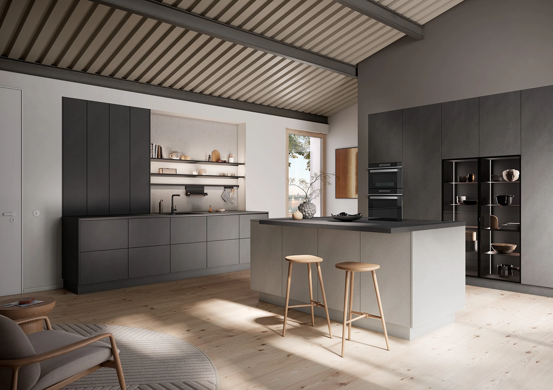 Modern Häcker AV2010 GL kitchen in Zement Dunkelgrau, featuring handleless cabinetry, sleek design and contemporary style.