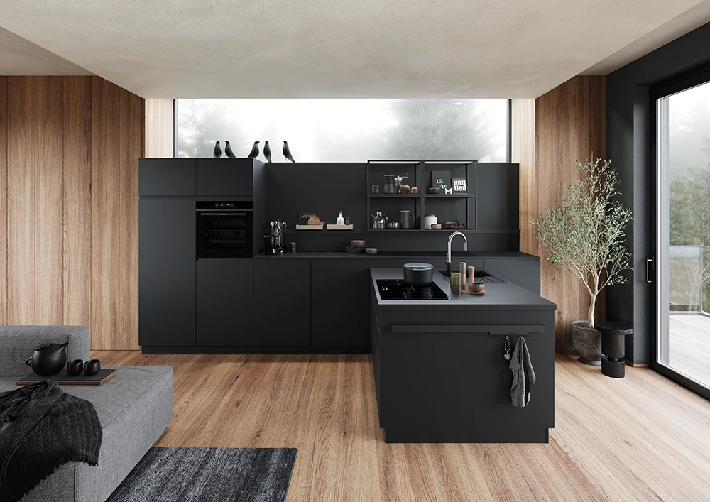 Modern Hacker M kitchen featuring Perfect Soft Schwarz cabinetry with sleek, contemporary design details.