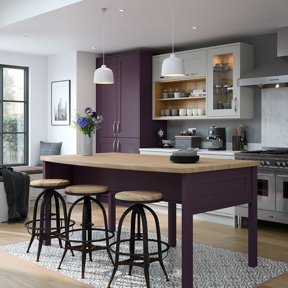 Freestanding kitchen island with Marlborough table finish, highlighting elegant design and practical functionality.